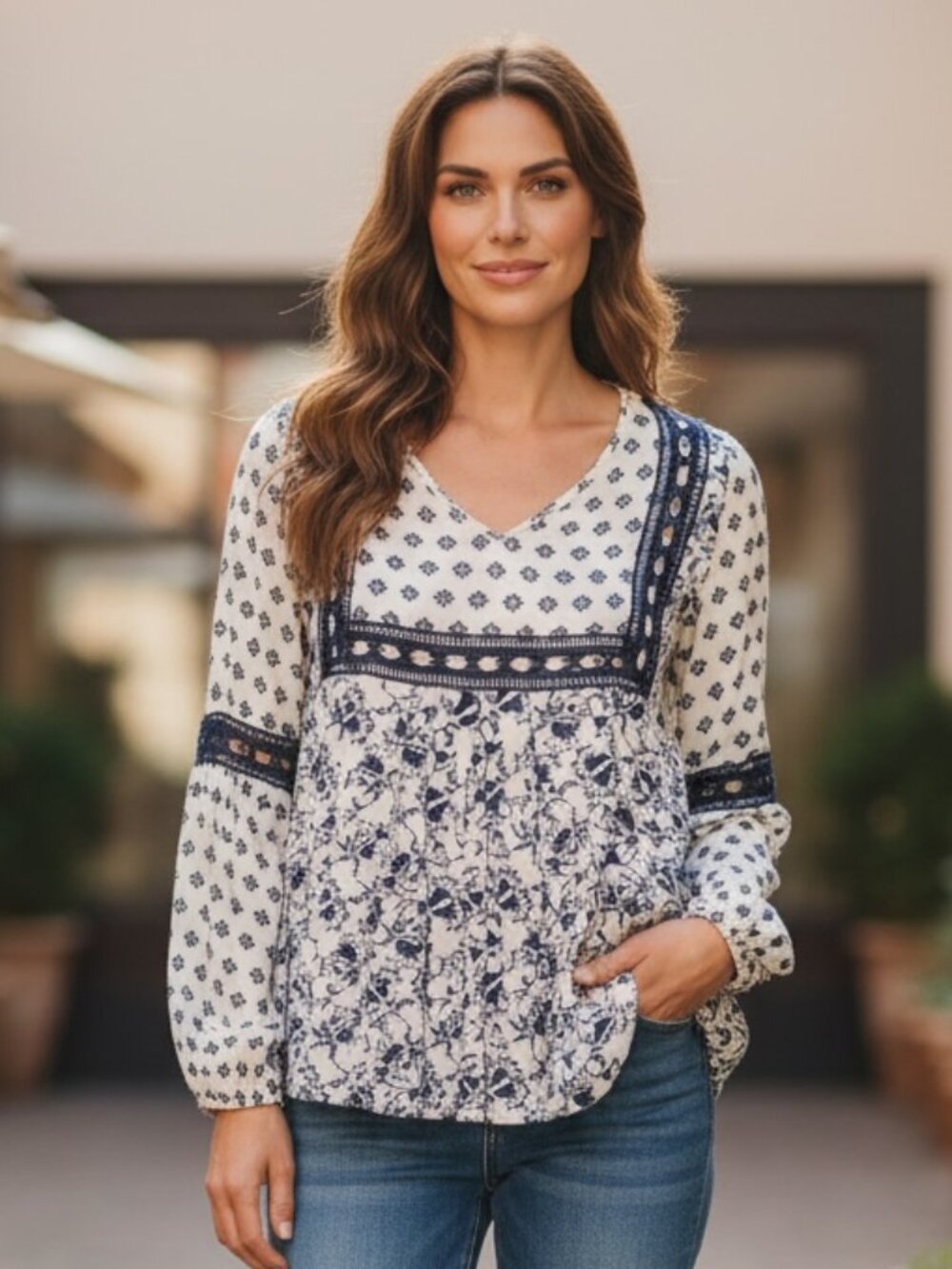 Clover + Scout M BOHO Lagenlook LS Blouse Mixed Floral‎ Ladder Lace Trim 23G